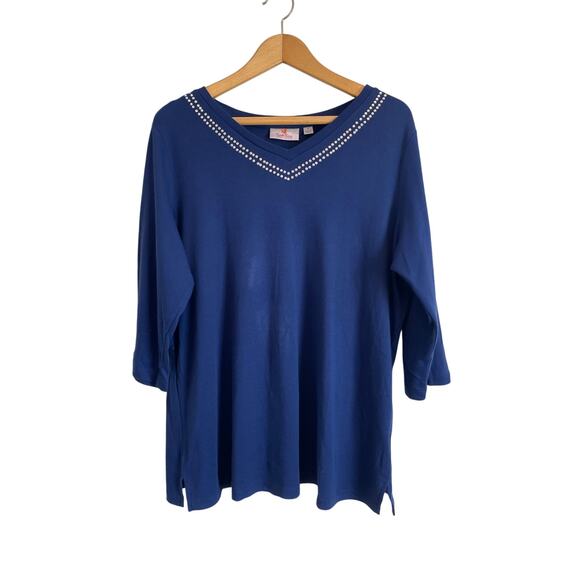 Quacker Factory 3/4 sleeve knit top rhinestones purple cotton lightweight 1X - Picture 1 of 8